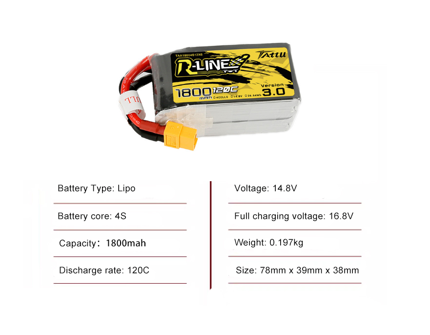 Tattu FPV drone battery 1800mAh 4S 120C 14.8V With XT30 Plug