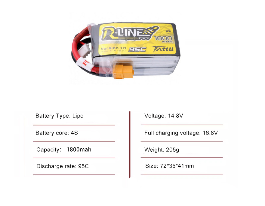 Tattu FPV drone battery 1800mAh 4S 95C 14.8V With XT60 Plug