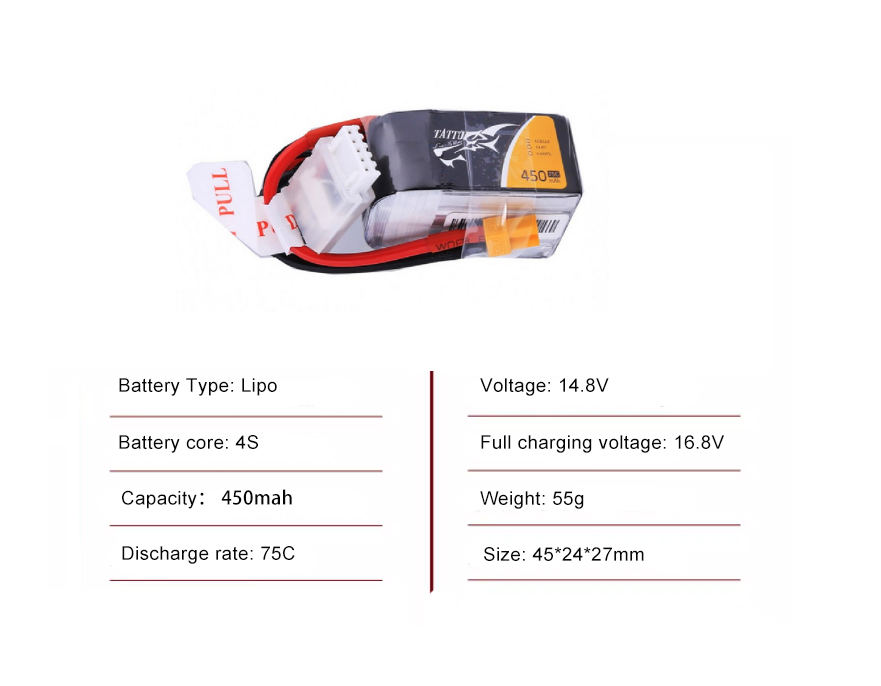 Tattu FPV drone battery 450mAh 4S 75C 14.8V With XT30 Plug