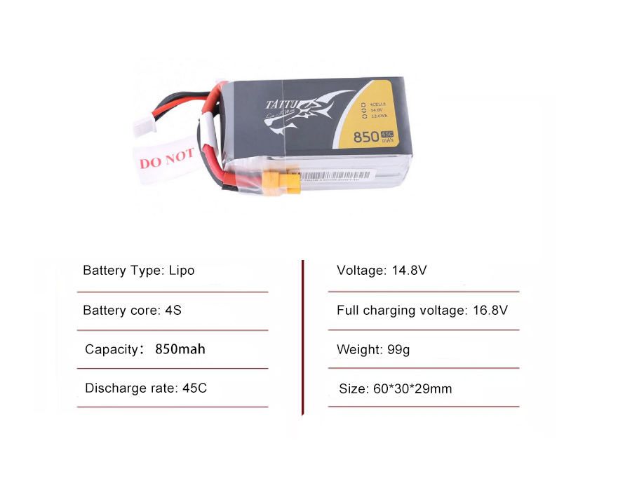 Tattu FPV drone battery 850mAh 4S 45C 11.1V With XT30 Plug