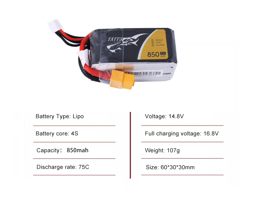 Tattu FPV drone battery 850mAh 4S 75C 14.8V With XT60 Plug