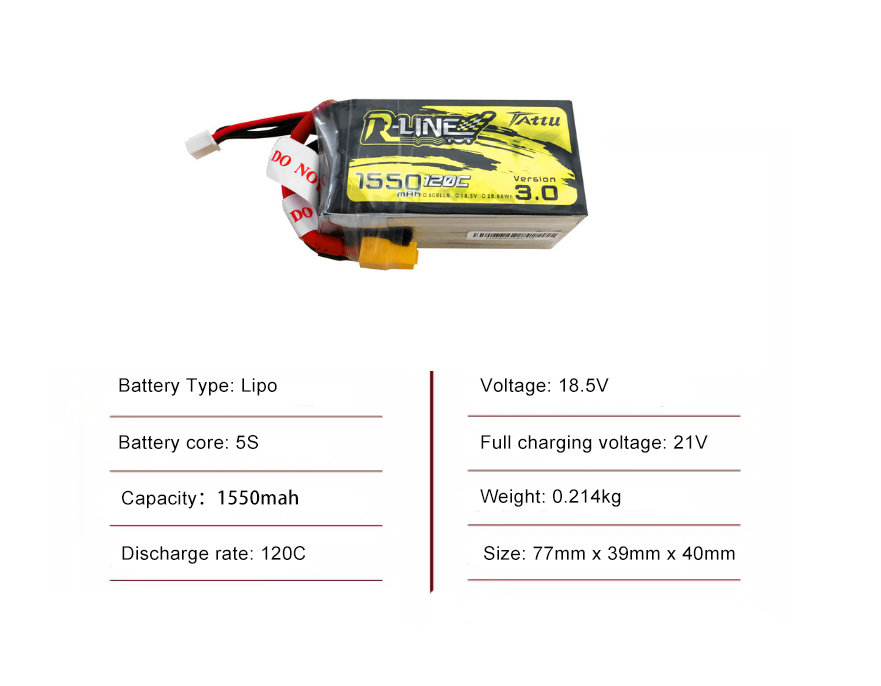 Tattu FPV drone battery 1550mAh 5S 120C 18.5V With XT60 Plug