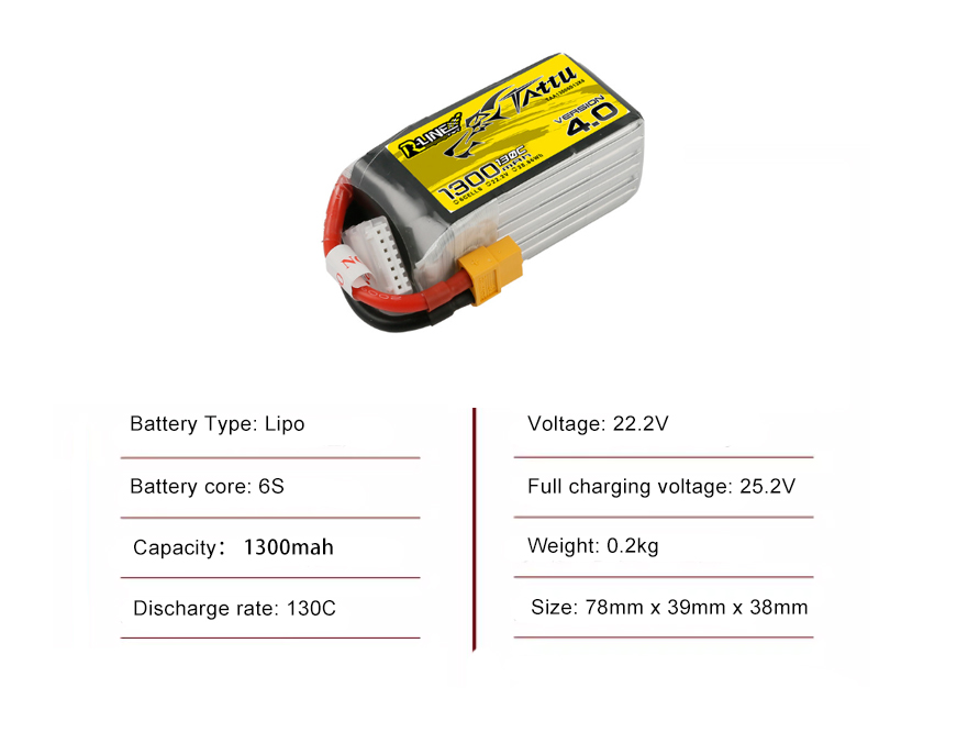 Tattu FPV drone battery 1300mAh 6S 130C 22.2V  With XT60 Plug