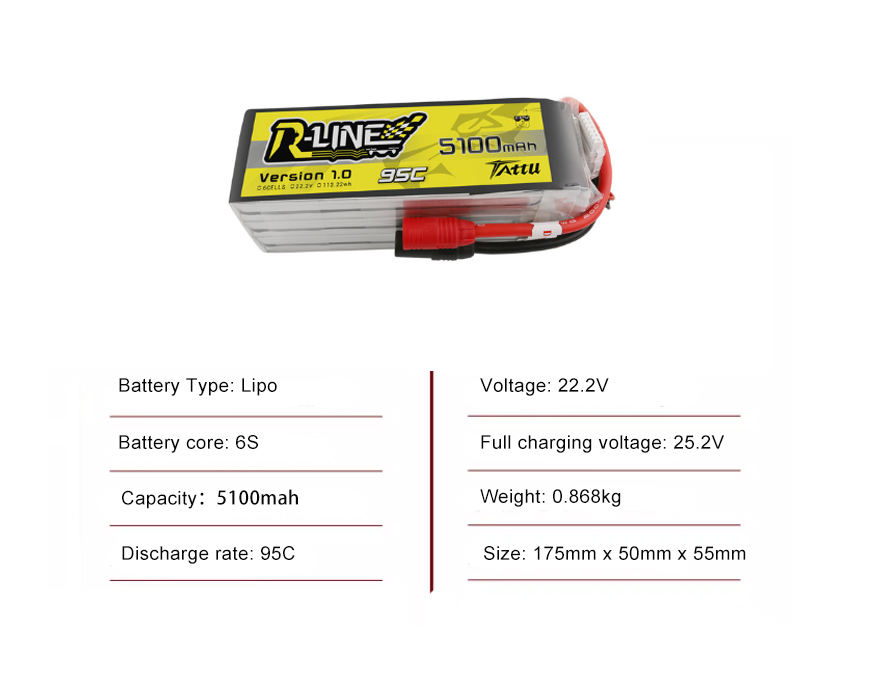 Tattu FPV drone battery 5100mAh 6S 95C 22.2V With XT60 Plug