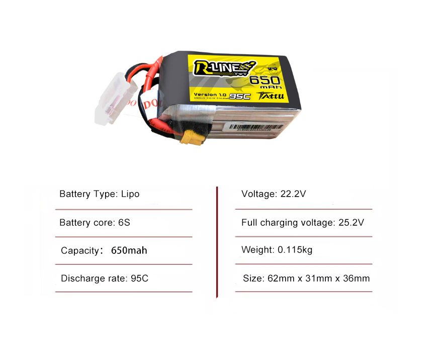 Tattu FPV drone battery 650mAh 6S 95C 22.2V With XT60 Plug