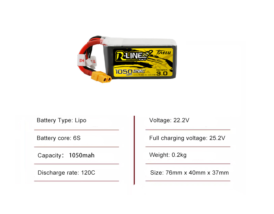 Tattu FPV drone battery 1050mAh 6S 120C 22.2V  With XT60 Plug