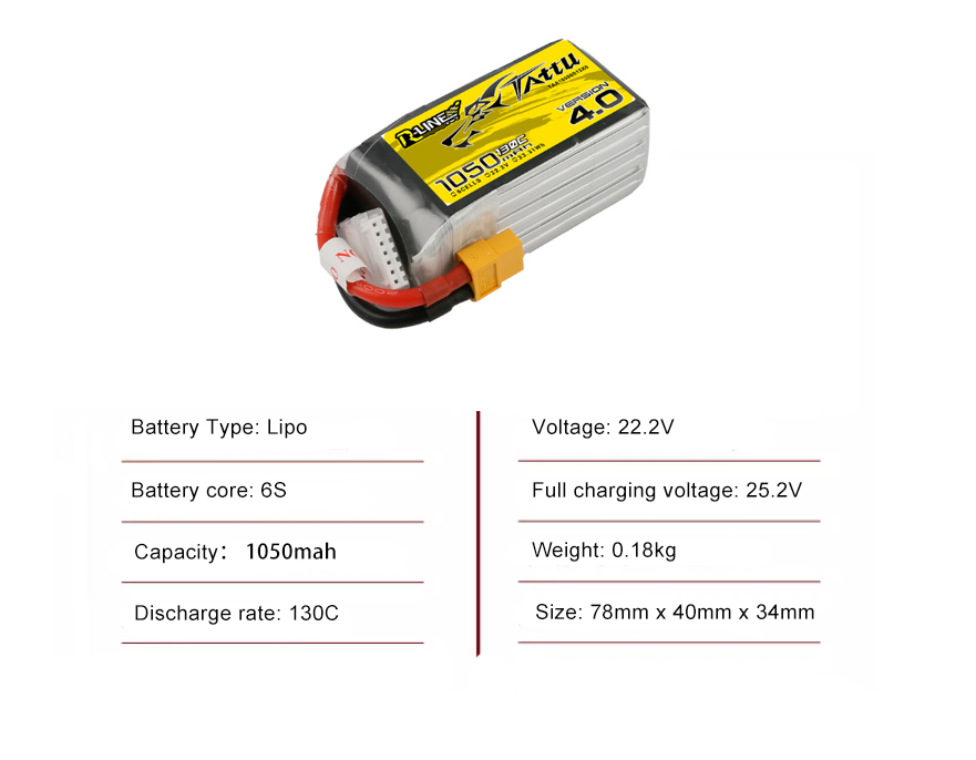 Tattu FPV drone battery 1050mAh 6S 130C 22.2V  With XT60 Plug