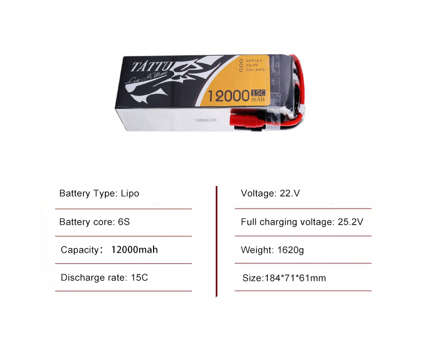 Tattu Battery 6S 12000mAh 15C 22.2V With AS150 +XT150 Plug